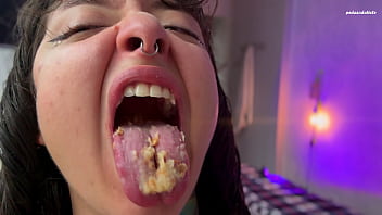 Hungry giantess chews his food and burps, then devours you. Vore