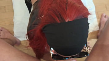 MILF POV blowjob in latex with cum on tongue