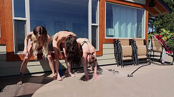 3 sluts fucking their pussies in the outdoors with a view of the ocean