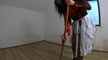 Nympho Maid Masturbates with Broom & Mop While Cleaning an Abandoned House